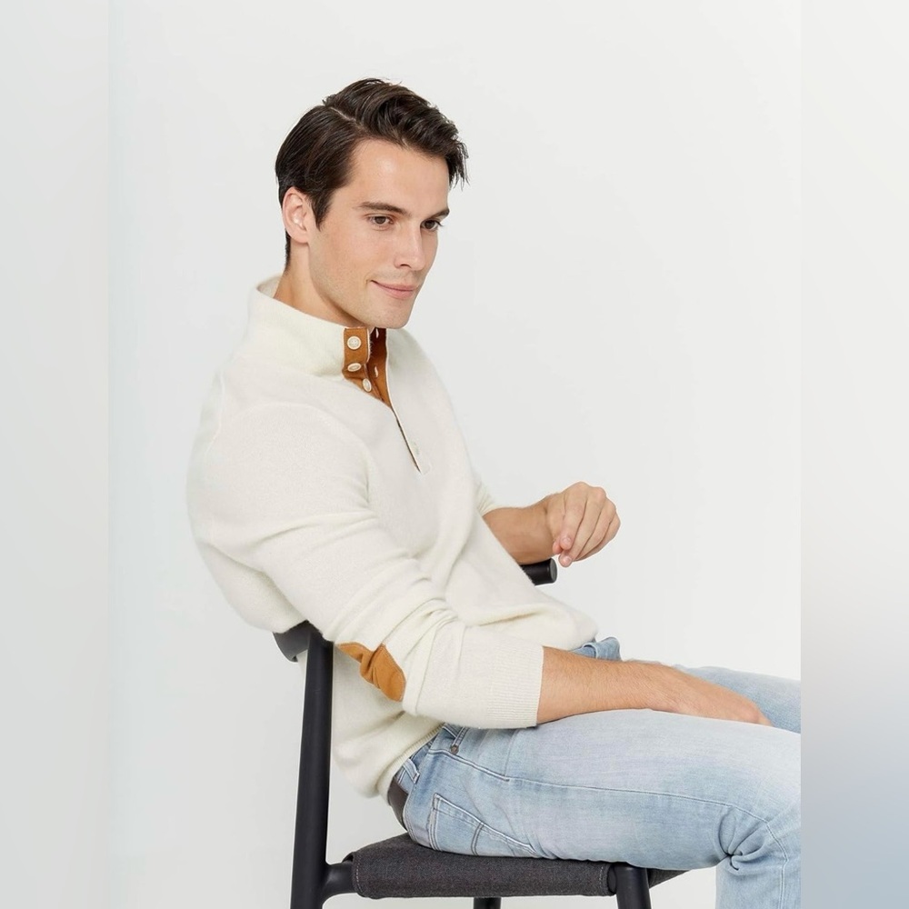 State Cashmere Men's Button Up 100% Pure Cashmere Polo Quarter Collar Pullover - Picture 3 of 9